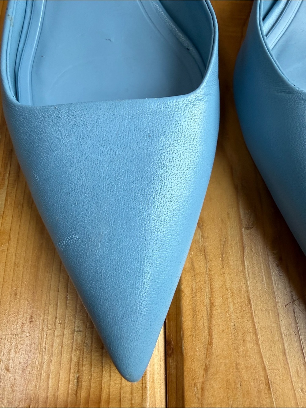 Size 8.5 / 9 Zara Light Blue Leather Pointed-Toe Kitten-Heel Slingback Mules - Picture 10 of 15